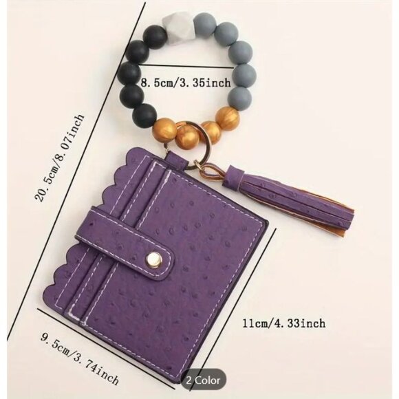 Faux Ostrich Pattern Tassel Beaded Bangle Keychain With Wallet Wristlet NEW - Picture 2 of 2